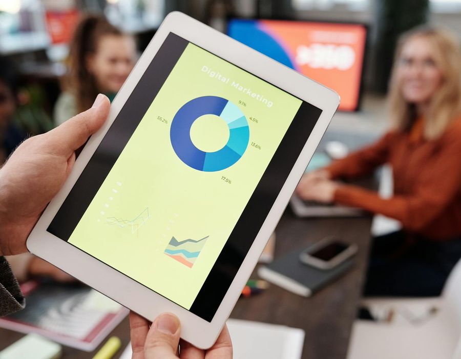 Digital strategy presentation with analytics dashboard